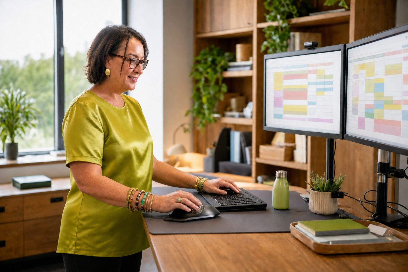 Sandra Striethouldt aan het werk als Zermelo-specialist, met roosters op haar schermen